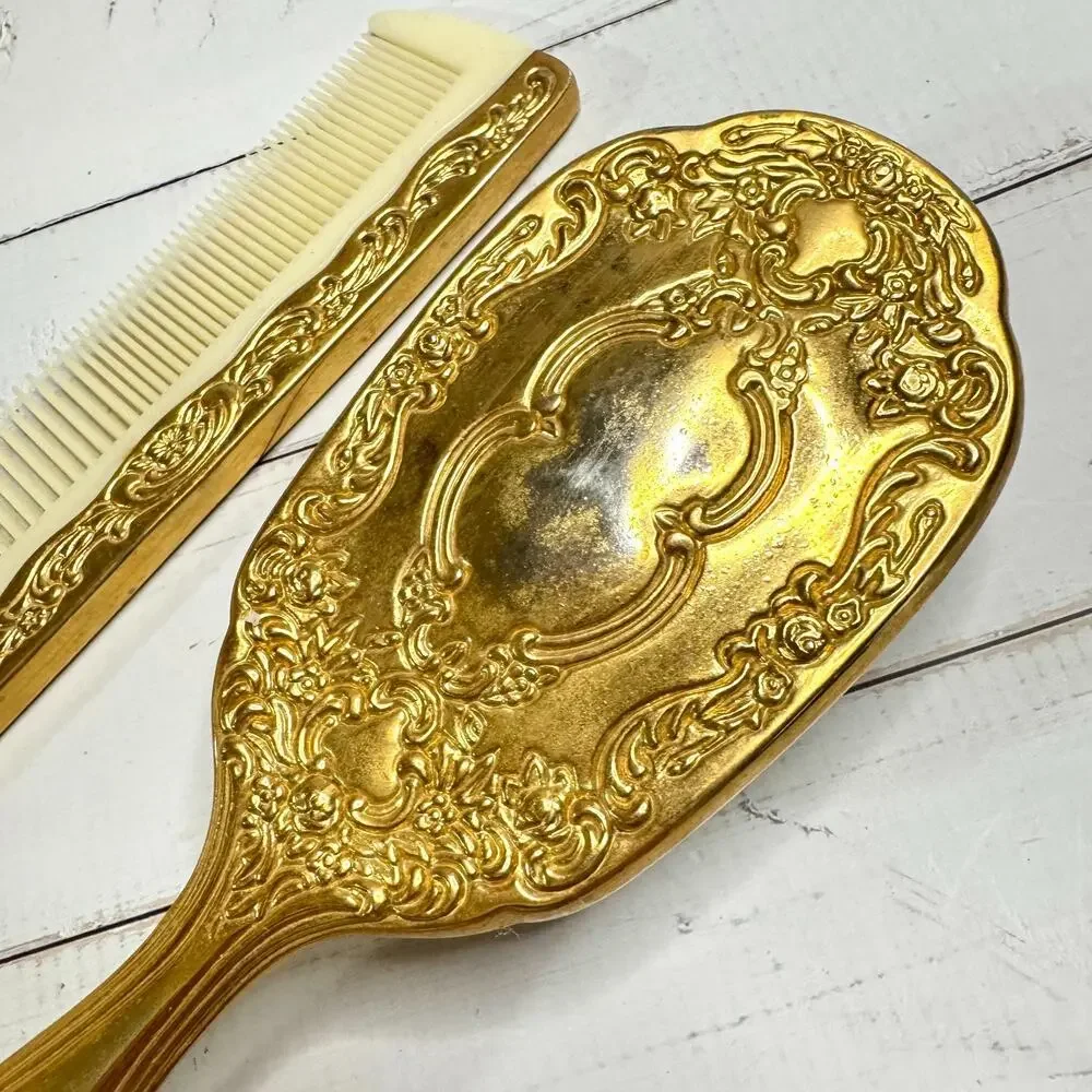 Vintage Gold Tone Brush & Comb Vanity Set Celluloid EUC Art Deco Style READ